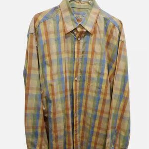 BUGATCHI UOMO Mens L/S Shirt SZ Large Classic Fit Yellow Green Blue Plaid SPRING